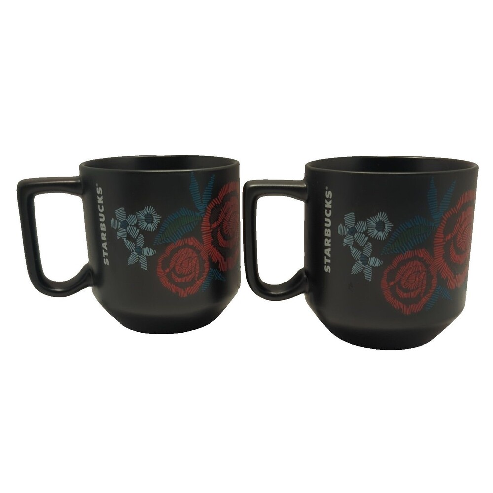 Starbucks Ceramic Mug Floral Flowers Roses 10 oz Matte Black Coffee Tea Cup 2018